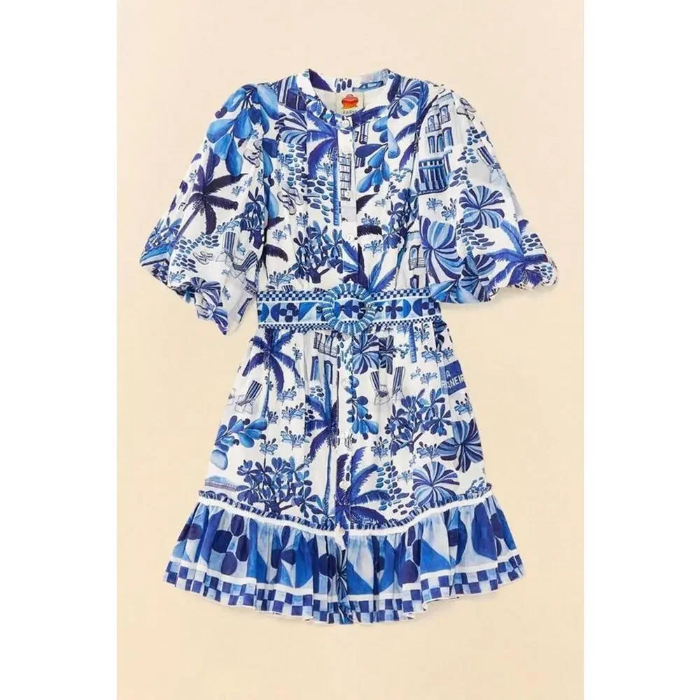 Farm Rio Sweet Rio Puff Sleeve O Ring Belt Mini Skirt Dress Size M Ivory Blue_5